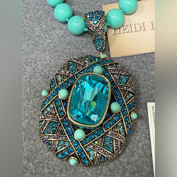 Lot Heidi Daus Teal Blue Crystal Enamel Enhancer Pendant Beaded Necklace & Ring - Picture 3 of 16